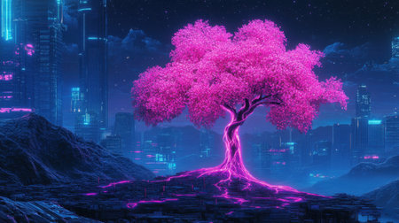 A stunning neon pink tree stands majestically in a futuristic landscape, surrounded by vibrant city lights under a starry night sky, conveying beauty and tranquility.の素材