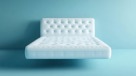 This image captures a modern white mattress floating effortlessly against a soothing blue background, ideal for interior design inspiration and relaxation themes.の素材