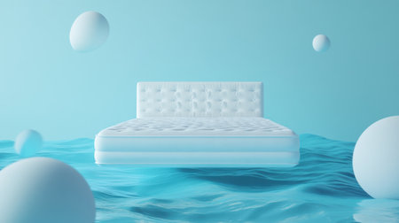 This artistic image features a modern mattress floating gently in serene aqua waves, surrounded by soft white spheres, evoking tranquility and comfort.の素材