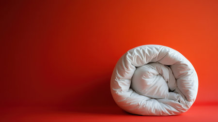 A cozy white blanket is elegantly rolled up against a vibrant orange wall, showcasing minimalistic design elements ideal for a warm interior decor.の素材