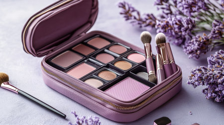 A beautifully arranged makeup kit featuring a range of shades in a compact case, surrounded by fragrant lavender flowers for an aesthetic touch.の素材