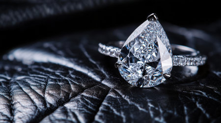 A stunning tear drop diamond ring captured on a sleek black leather background emphasizes elegance and luxurious design, perfect for jewelry showcase.の素材