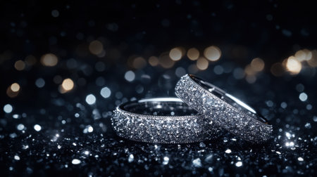 Two exquisite wedding rings adorned with sparkling diamonds stand out against a dark, shimmering background, symbolizing love and commitment.の素材