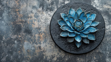 This stunning blue lotus flower sculpture sits gracefully on a textured background, offering a unique blend of art and nature for modern decor. Perfect for enhancing any space.の素材