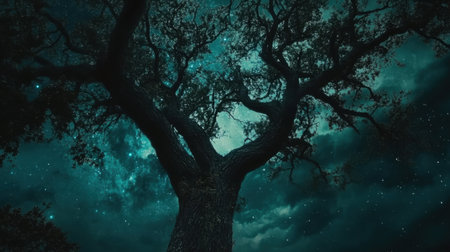 A breathtaking view of a mystical tree silhouette against a starry night sky filled with dramatic clouds and cosmic beauty, evoking a sense of wonder.の素材