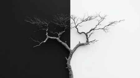 This artwork presents a striking black and white composition featuring a leafless tree. The contrasting backgrounds enhance the minimalist aesthetic, evoking themes of transformation and tranquility.の素材