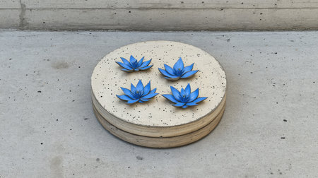 A serene arrangement featuring four blue lotus flowers delicately placed on a round concrete base, creating a tranquil and modern aesthetic in a minimalist setting.の素材