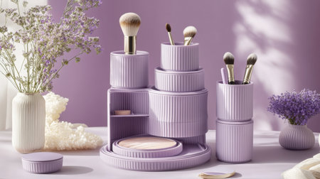 A stylish lavender cosmetic organizer featuring makeup brushes and delicate flowers, set against a soft pastel background, perfect for beauty enthusiasts.の素材