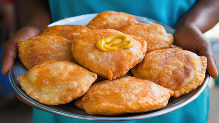 A vibrant image showcasing a plate of golden, freshly fried empanadas, served with a dollop of mustard. Perfect for food lovers.の素材