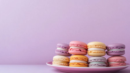 A delightful arrangement of colorful macarons stacked on a plate, showcasing vibrant pastel hues against a soft purple background, perfect for dessert-themed projects.の素材