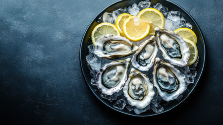 A visually appealing arrangement of fresh oysters nestled on ice, paired with bright lemon slices for a refreshing and elegant dining experience.の素材