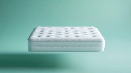 This image features a sleek white mattress floating against a soft green background, ideal for showcasing comfort and contemporary design in bedroom settings.の素材