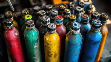 A vibrant collection of paint and ink bottles lined up in an art studio, showcasing a variety of rich colors perfect for creative projects and artistic expressions.の素材