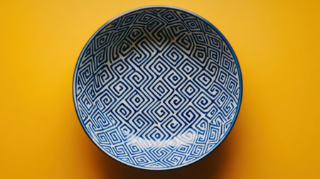A stunning blue bowl featuring unique geometric patterns against a vibrant yellow background, perfect for adding a modern touch to any kitchen or dining space.の素材