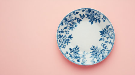 This image features an elegant blue and white floral plate set against a soft pink background, perfect for showcasing culinary or decorative themes.の素材