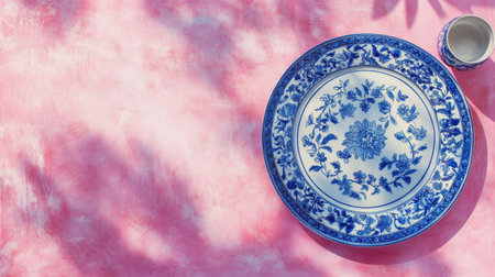 This image features an elegant blue and white porcelain plate resting on a textured pink background, complemented by a simple cup, creating an aesthetic setting.の素材