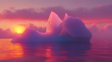 This breathtaking image captures a majestic iceberg illuminated by a stunning sunset in a tranquil ocean setting, showcasing nature's beauty and serenity.の素材