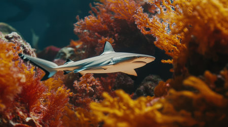 A stunning underwater scene featuring a shark gracefully swimming through a vibrant coral reef. The image showcases the beauty of marine life and biodiversity in a clear blue ocean environment.の素材