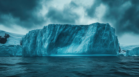 A stunning iceberg rises dramatically above calm waters, reflecting the striking blue hues of nature under a moody, cloudy sky.の素材