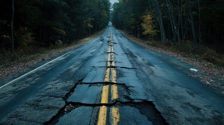 A dramatic view of a cracked roadway winding through a dense forest during twilight. The damaged asphaltの素材