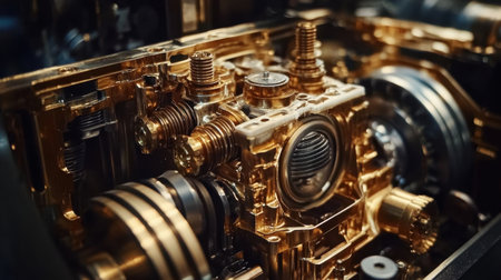This close-up image showcases the intricate details of engine components, highlighting the precision and craftsmanship in modern mechanical design and engineering.の素材