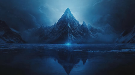 Discover a breathtaking mountain landscape illuminated by a starry night sky, where icy peaks reflect beautifully on a calm water surface, invoking tranquility.の素材