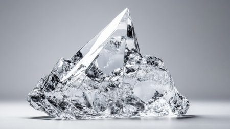 This stunning image features a transparent crystal formation with sharp edges, reflecting light beautifully against a neutral background, showcasing its clarity and elegance.の素材