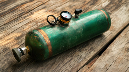 A vintage green gas cylinder featuring a pressure gauge sits on a rustic wooden surface, showcasing its industrial design and practical functionality.の素材
