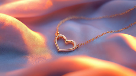 This elegant heart-shaped pendant necklace rests gracefully on soft silk fabric, creating a luxurious and romantic visual perfect for jewelry enthusiasts.の素材