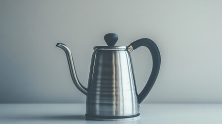 This image showcases a sleek stainless steel kettle against a soft background, emphasizing its modern design and elegance in kitchen settings ideal for beverage preparation.の素材