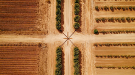 This aerial image showcases an agricultural intersection surrounded by neatly arranged rows of crops and trees, highlighting rural beauty and farming life.の素材