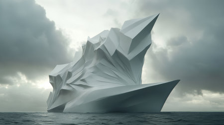 An abstract geometric iceberg sculpture rises dramatically from calm waters, set against a moody cloudy sky, symbolizing creativity and artistic vision.の素材