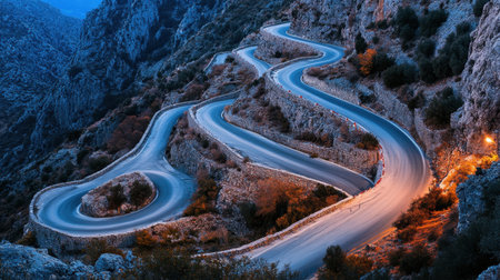 A captivating aerial view of a winding mountain road at dusk, showcasing the serene beauty of natural landscapes and gentle curves. Ideal for travel themes.の素材