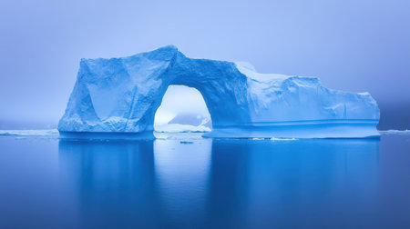 Spectacular iceberg featuring a natural arch, surrounded by calm waters and fog under a blue sky, evoking tranquility and beauty in nature.の素材