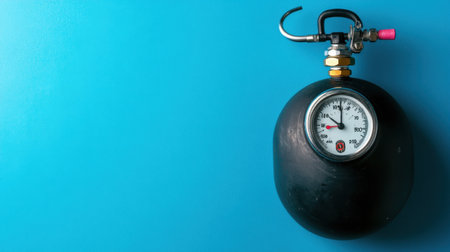 This image features a black air pressure tank equipped with a clear pressure gauge against a vibrant turquoise backdrop, highlighting industrial safety and measurement.の素材
