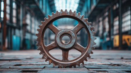 This image features a rusty gear prominently positioned on the floor of an abandoned warehouse. Natural light thoughtfully illuminates the space.の素材
