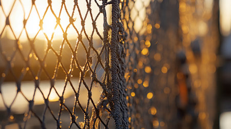 A detailed close-up of a weathered fishing net with shimmering sunlight streaming through, creating a warm ambiance over calm waters at dusk.の素材