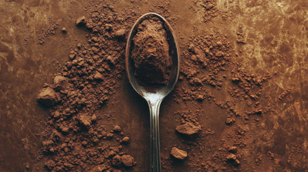 A close-up image showcasing cocoa powder nestled in a vintage spoon, emphasizing the rich textures and earthy tones. Perfect for food photography and culinary inspiration.の素材