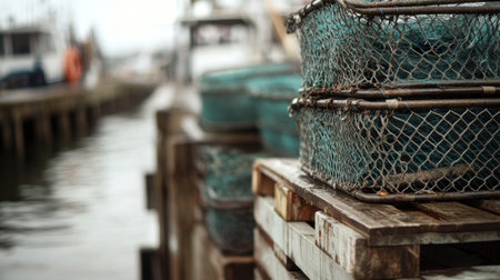 A serene harbor scene featuring fishing traps and equipment stacked on wooden pallets. The blurred boats in the background add depth, emphasizing the marine environment.の素材