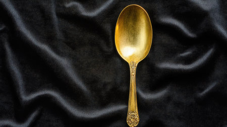 This image showcases an elegant gold spoon resting on a luxurious black silk fabric surface, perfect for culinary themes, table settings, and photography.の素材