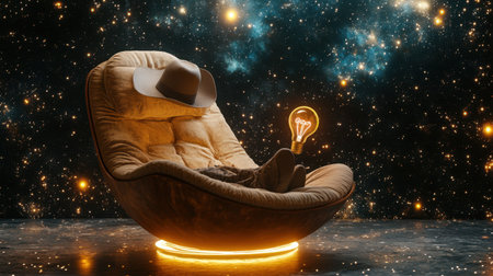 A whimsical scene featuring a cozy chair in a cosmic setting, showcasing creativity through the glowing light bulb and cowboy hat. Ideal for artistic projects.の素材