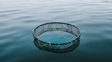 A serene circular fishing net gently floats on the smooth water, creating ripples that evoke a sense of tranquility and connection to nature's beauty.の素材
