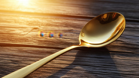 This close-up image features a shiny gold spoon elegantly resting on a rustic wooden surface, illuminated by a warm sunset glow, creating a serene atmosphere.の素材