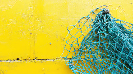 A striking image featuring a vibrant yellow background with a textured fishing net hanging against a weathered surface, capturing marine essence.の素材