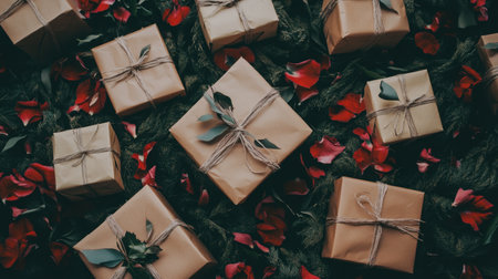 A visually appealing arrangement of wrapped gift boxes set amidst vibrant rose petals, enhancing the mood for celebrations and holidays. Ideal for seasonal themes.の素材