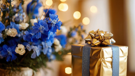 A beautifully wrapped gold gift box with a blue ribbon sits next to vibrant blue and white flowers, creating a cozy and elegant atmosphere perfect for celebrations.の素材