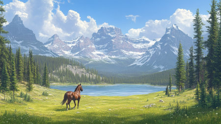 A stunning landscape featuring a horse standing by a peaceful lake, surrounded by lush greenery and towering mountains under a clear blue sky.の素材