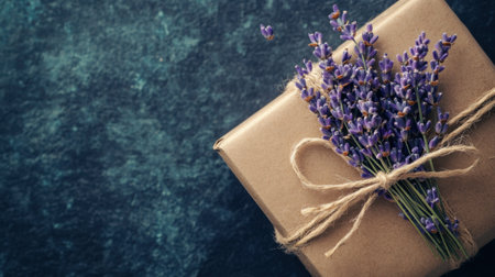 A beautifully wrapped gift featuring fresh lavender tied with twine, set against a rustic background. Perfect for celebrating special moments or offering a heartfelt surprise.の素材