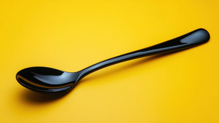 A sleek black spoon rests elegantly on a vibrant yellow background, ideal for culinary-themed designs, kitchenware promotions, and stylish presentations.の素材