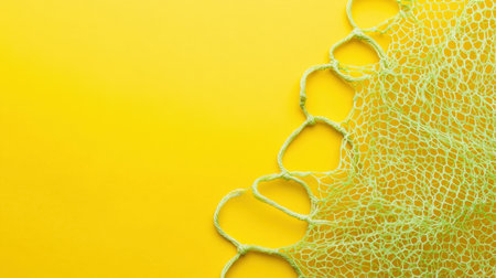 This image features a close-up of a fishing net edge set against a bright yellow background, ideal for creative projects and coastal themes.の素材